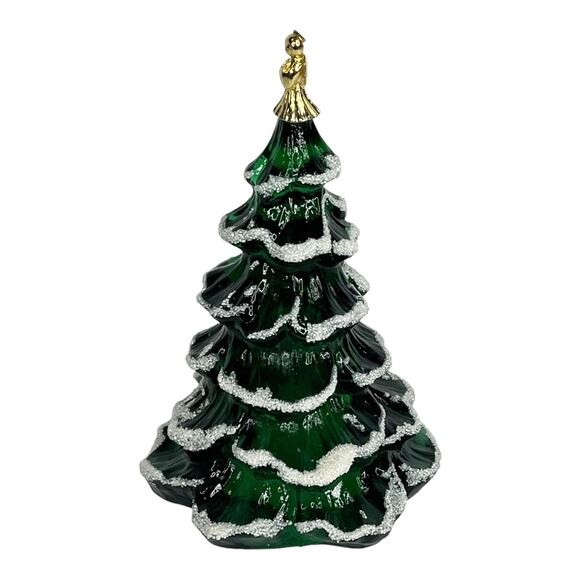 Fenton Glass CHRISTMAS TREE FIGURINE 6.5" LG Green Snow Frosted Gold Angel - Picture 5 of 8